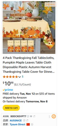 Picture of 4Pack Thanksgiving Fall Tablecloths,