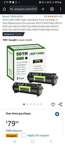 Picture of 50F1H00 Cartridge Replacement Lexmark MS310dn