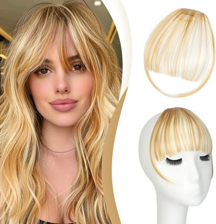 Picture of Clip in Bangs, Synthetic Wispy Bang Hair Clip, Fake Bangs Fringe Hair Extensions with Temples for Women, Natural Curved Hairpieces for Daily Wear Light Blonde Mix Bleach Blonde