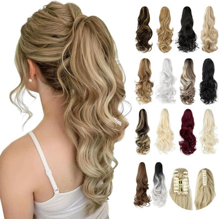 Picture of Ponytail Extension, 18" Claw Clip in Ponytail Extensions Curly Wavy Ponytail Hair Extension Jaw Clip on Long Pony Tails Hairpiece for Women Synthetic Blonde Mix Light Brown