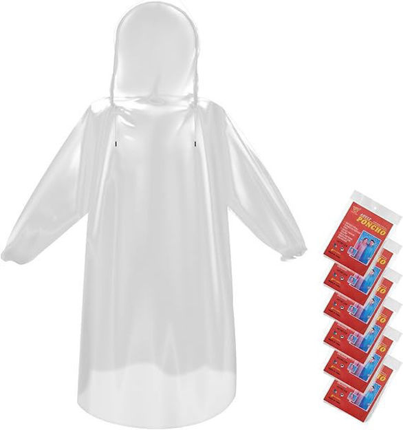 Picture of Bruvoalon 6 Pack Disposable Rain Ponchos for Men & Women - Waterproof PE Raincoats with Drawstring, Camping/Hiking/Emergency