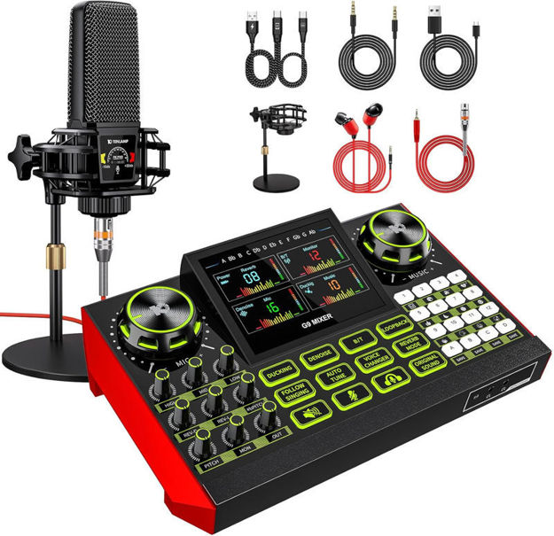 Picture of equipment microphone soundboard streaming recording