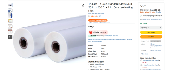 Picture of Standard 250 Feet Laminating 03 253 1C